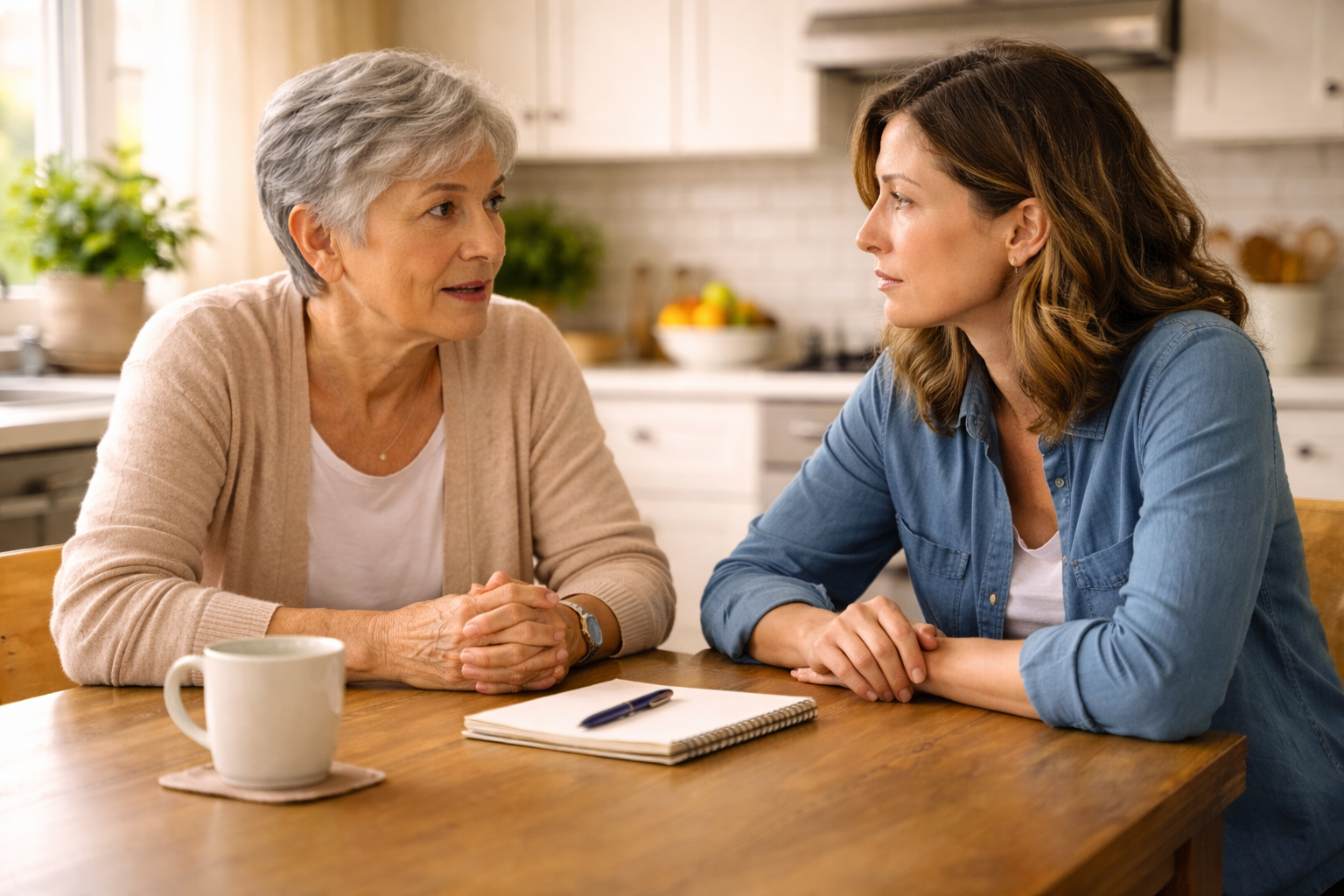 Mother and daughter having a focused planning conversation about using home equity to help with a down payment or family gift