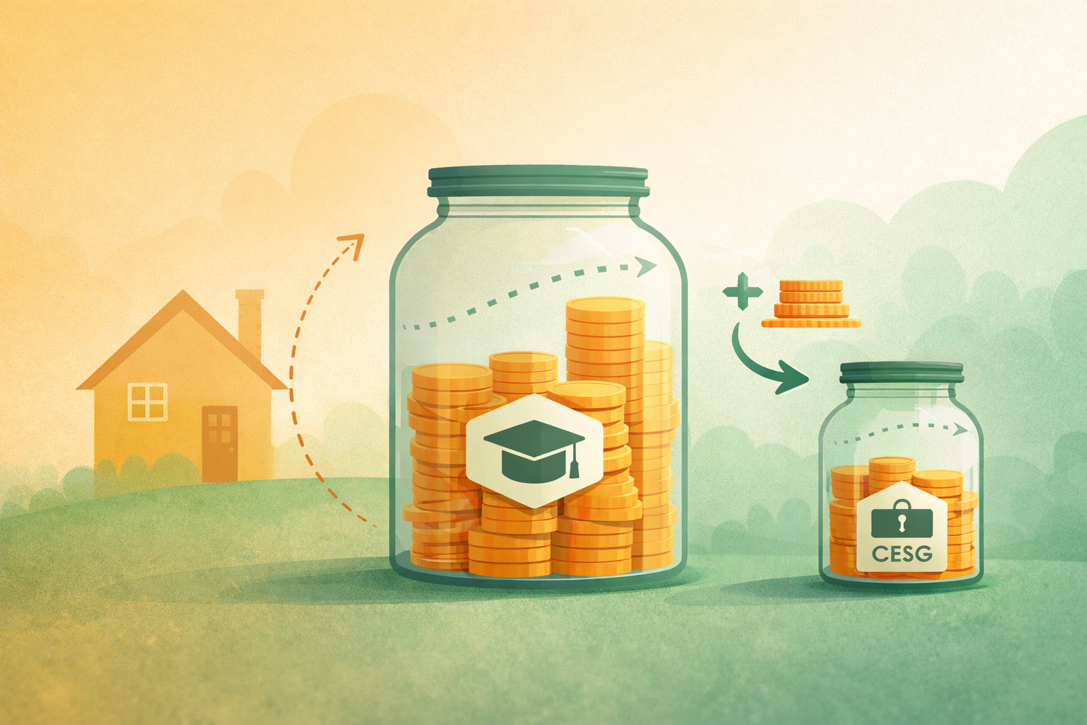 Illustration of an RESP growing over time with annual CESG government grant contributions, funded by home equity