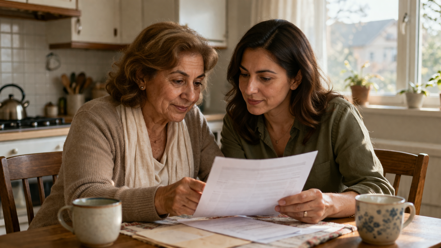 Grandmother and adult daughter reviewing RESP paperwork together — planning a grandchild's education savings with home equity