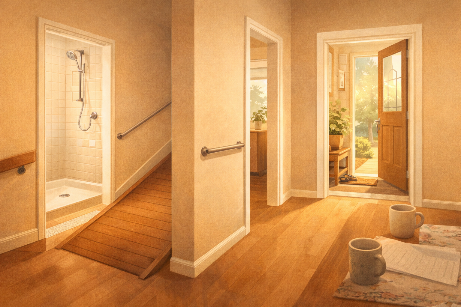 Illustration of home accessibility modifications — grab bars, ramp, wider doorways, walk-in shower — funded through home equity to support aging in place Illustration of home accessibility modifications — grab bars, ramp, wider doorways, walk-in shower — funded through home equity to support aging in place