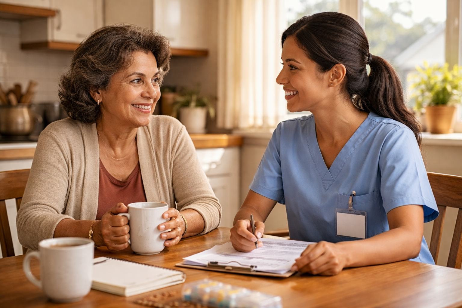 Senior woman at kitchen table with home care worker — representing in-home care funded through a reverse mortgage to support aging in place Senior woman at kitchen table with home care worker — representing in-home care funded through a reverse mortgage to support aging in place