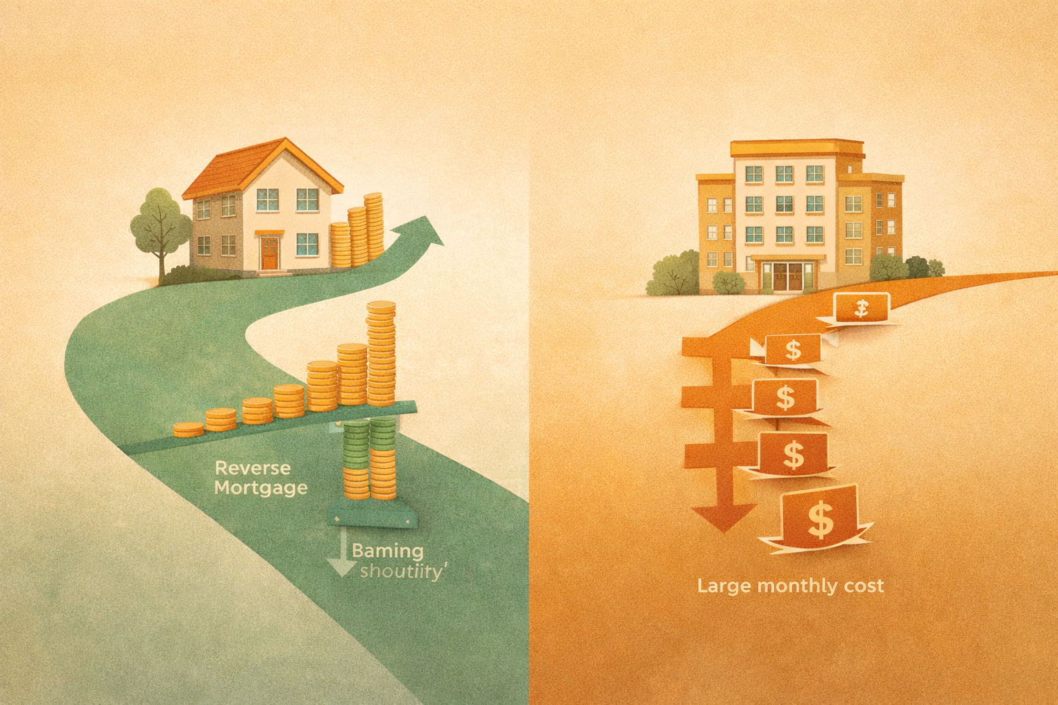 Illustration comparing the long-term cost of aging in place with home equity versus moving to a retirement residence — showing the financial case for staying home