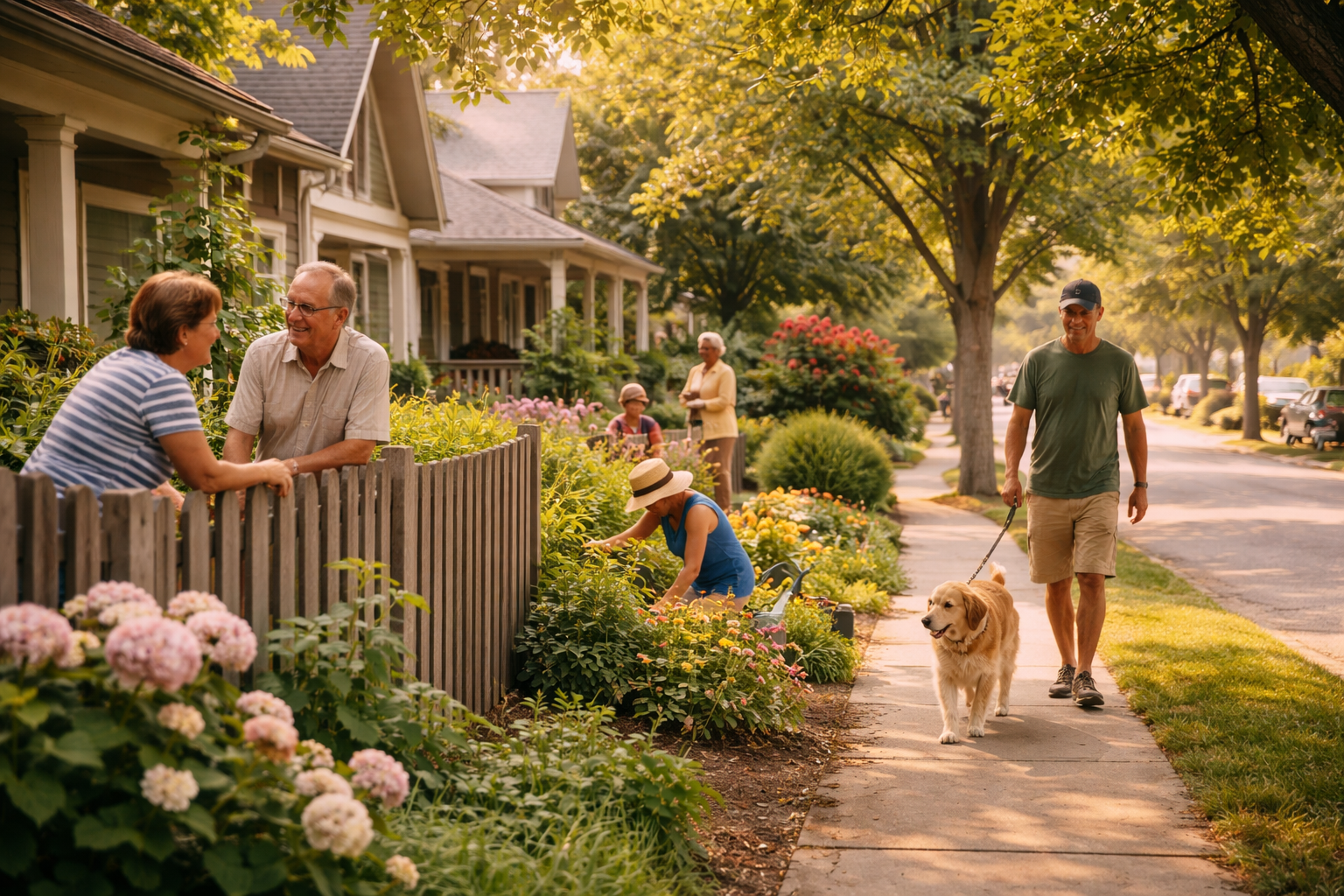 Canadian residential street scene showing neighbours and community — representing the social fabric that aging in place preserve