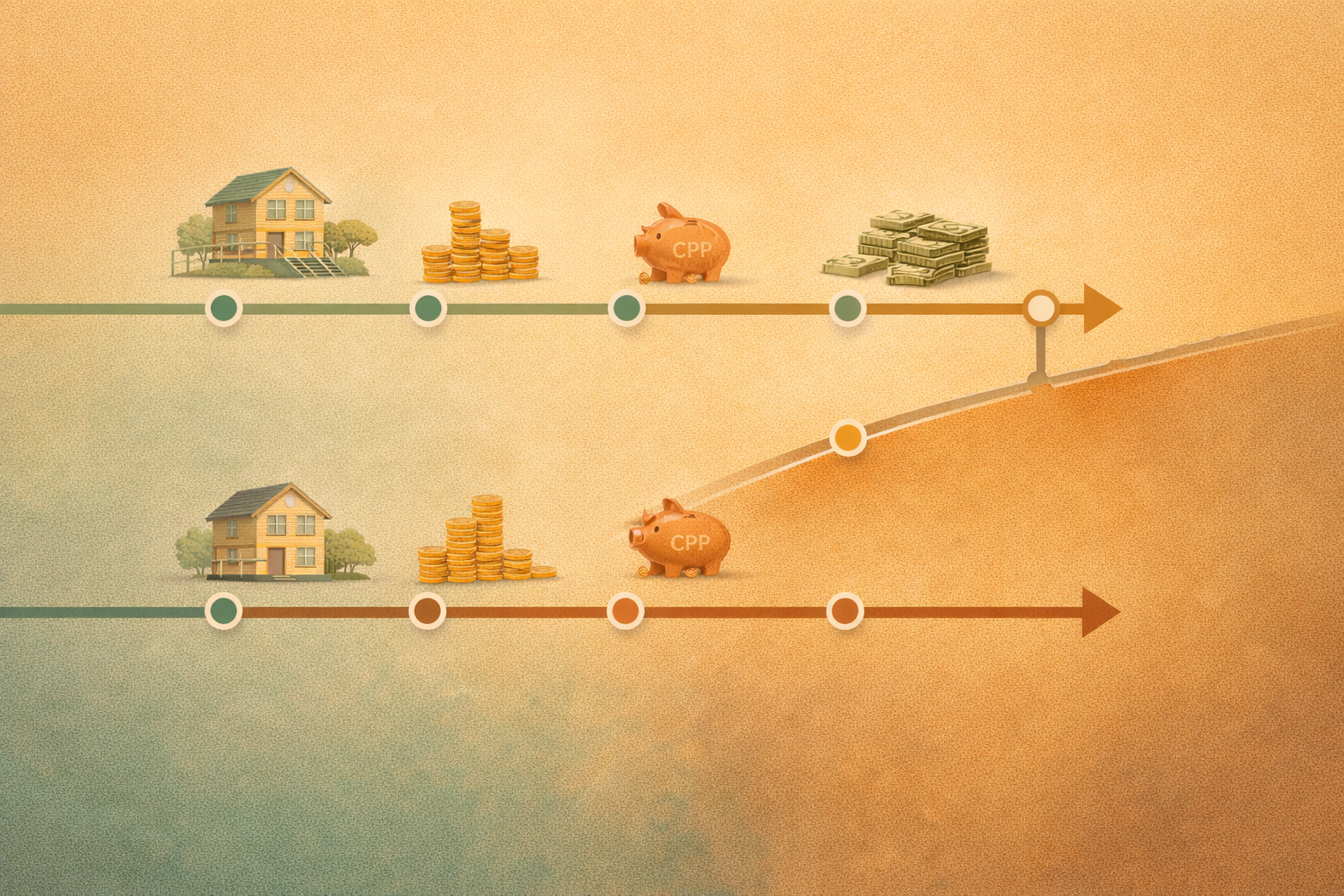 Illustration of two retirement financial timelines — one where home equity was used strategically and one where it was deferred — showing the growing gap over time