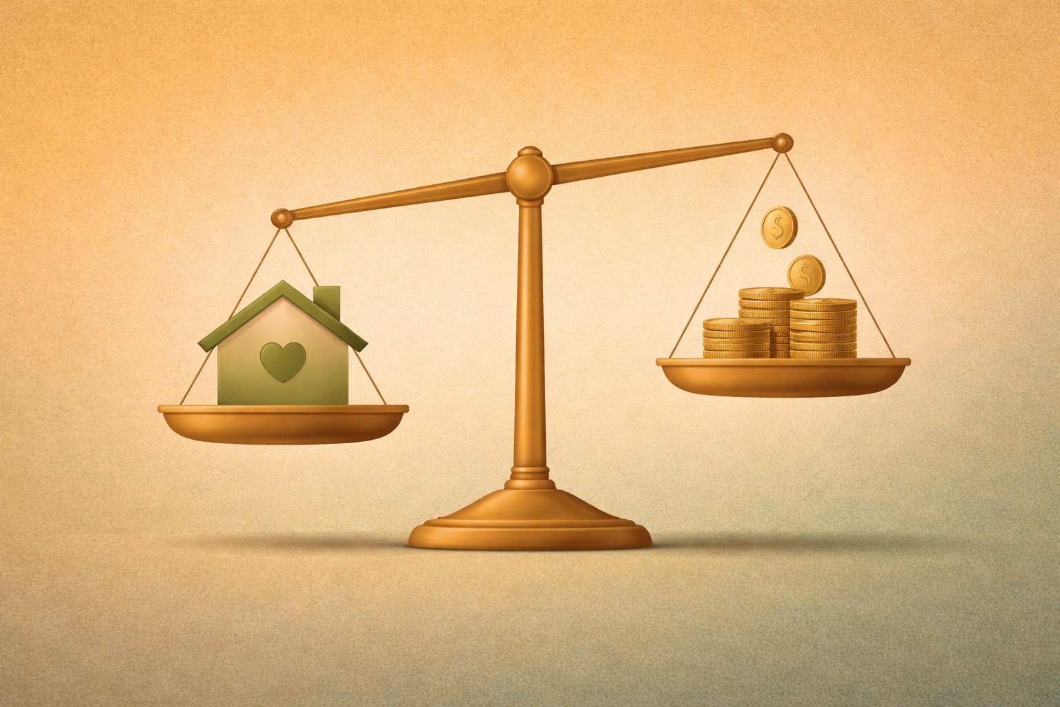 Illustration of a balance scale with home equity on one side and monthly income on the other — representing the equity-rich, income-limited situation that makes a reverse mortgage most relevant