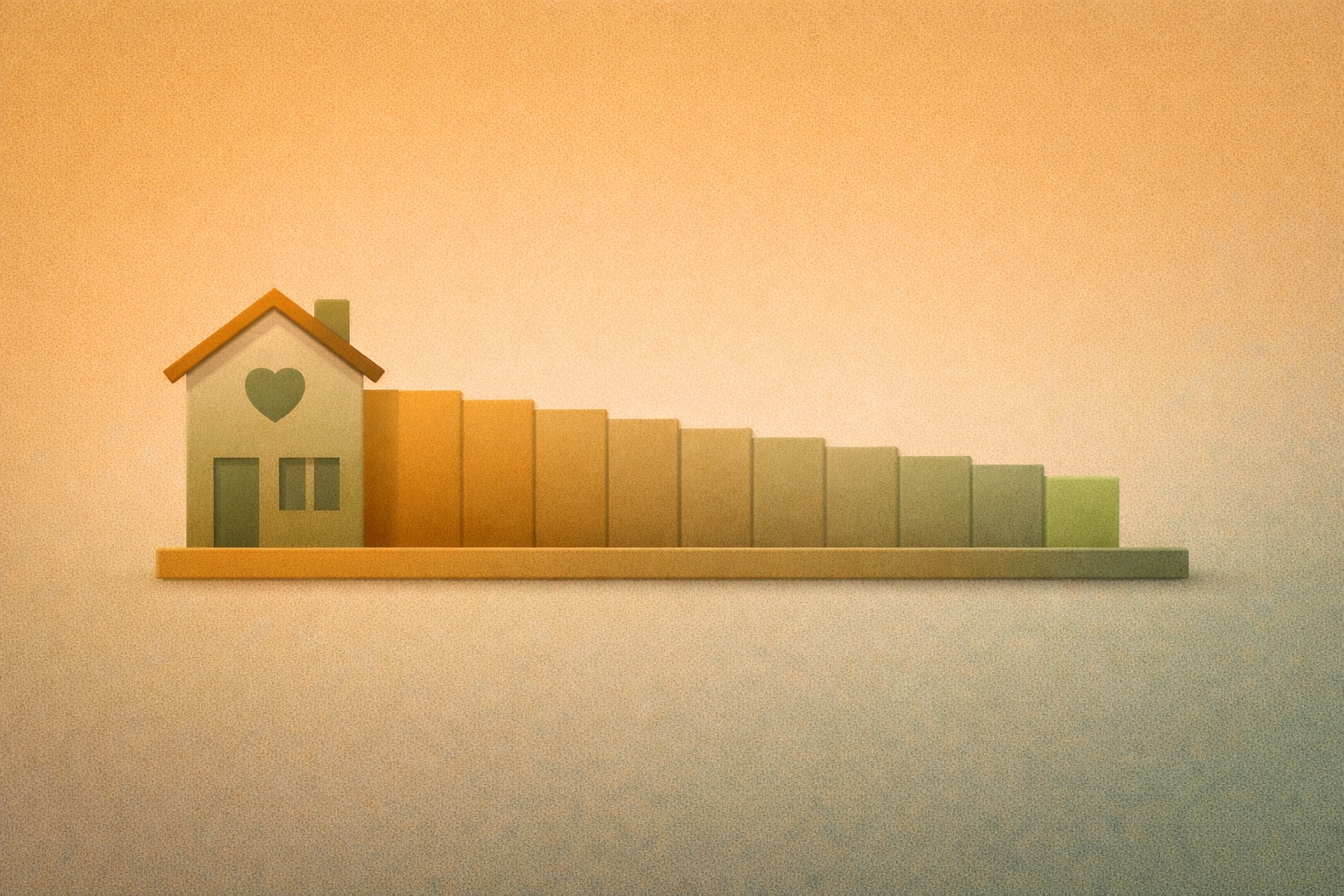 Illustration showing home equity gradually drawn down by a reverse mortgage balance over time — with a meaningful portion remaining and the no negative equity guarantee as a floor