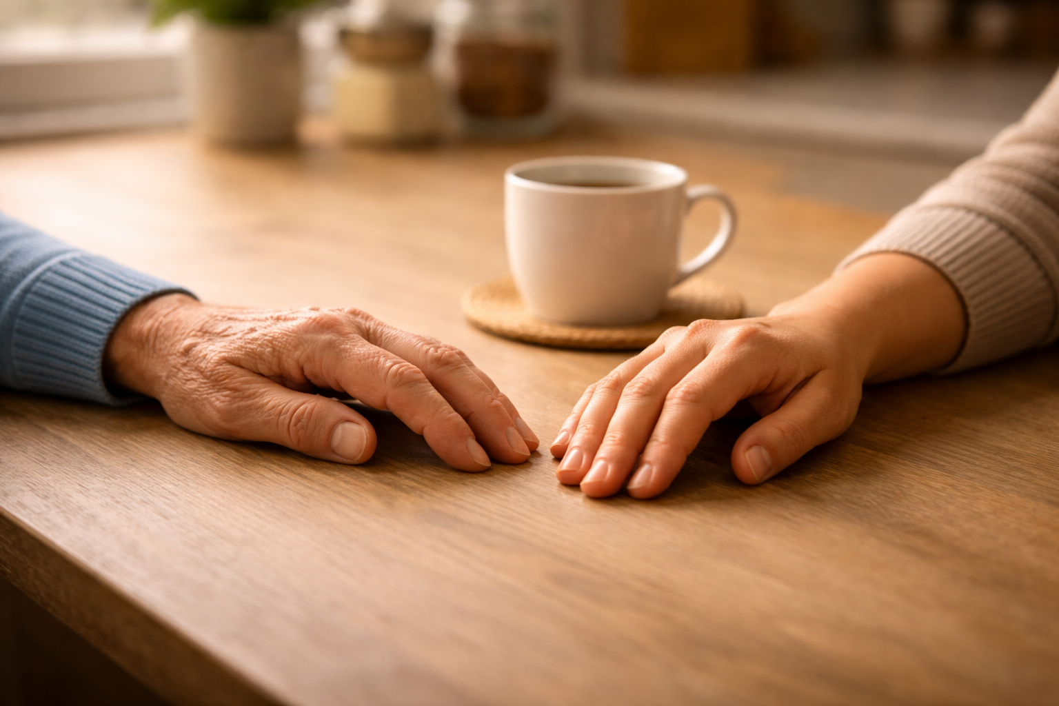 Close image of older and younger hands on a kitchen table — representing the closeness and care in a family conversation about a parent's financial future