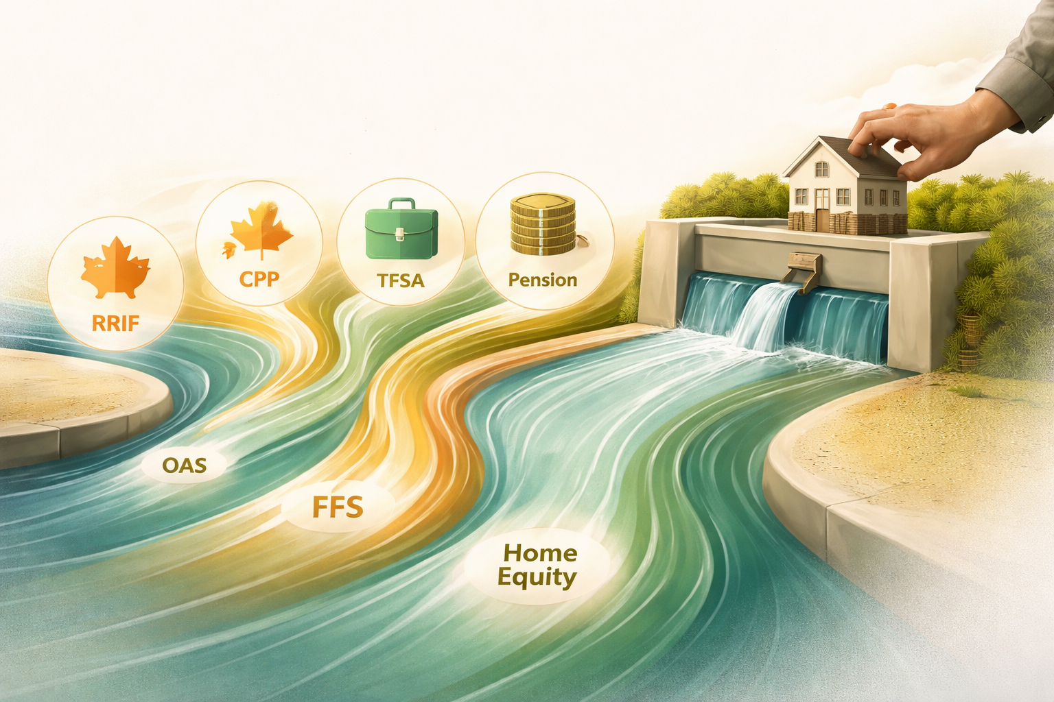 Illustration of retirement income streams including CPP, OAS, RRIF, TFSA, and home equity — with home equity shown as an underutilised resource being brought into the plan