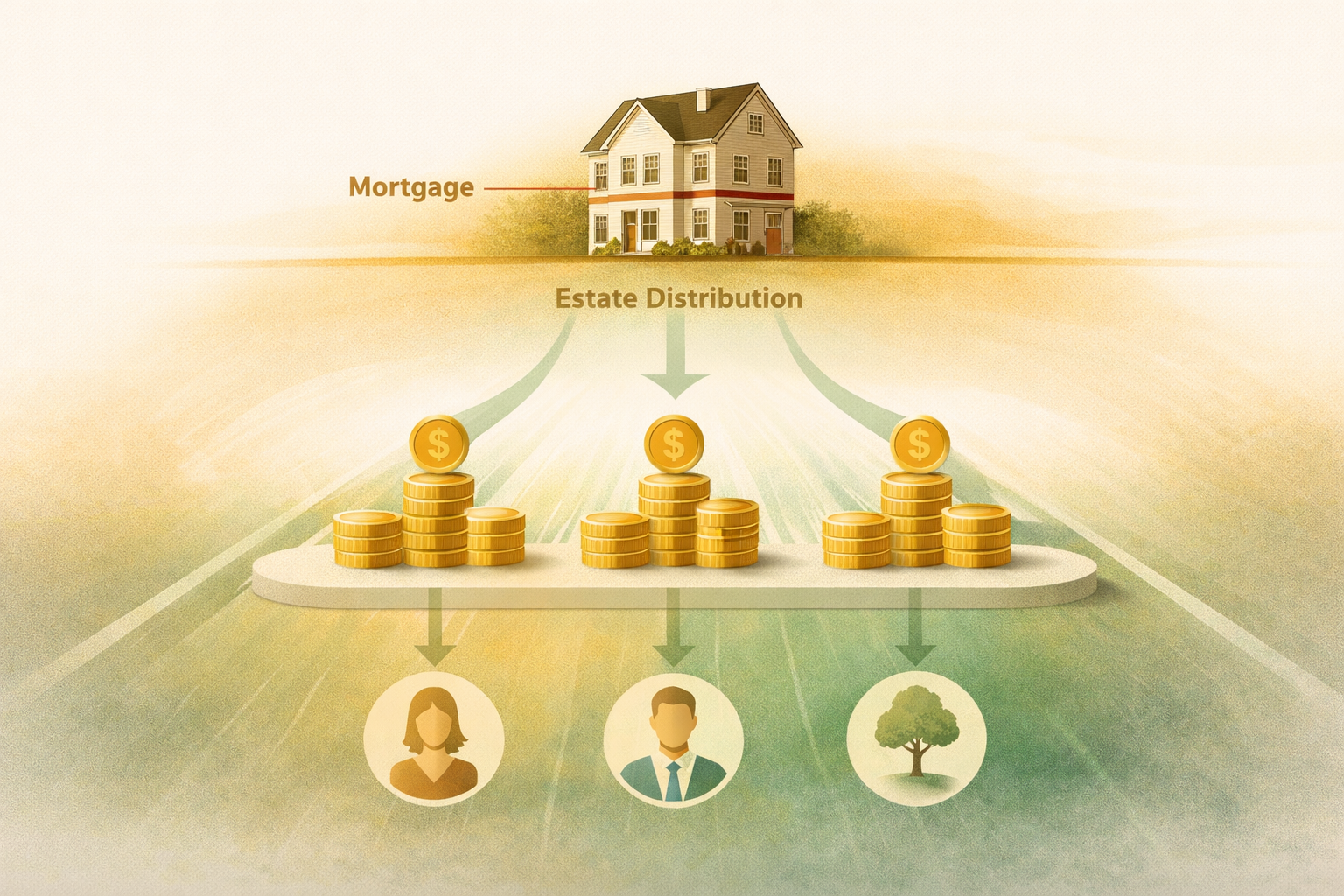 Illustration of reverse mortgage repayment from estate sale proceeds — showing the mortgage repaid first, remaining equity distributed to beneficiaries, with no negative equity guarantee as a floor Illustration of reverse mortgage repayment from estate sale proceeds — showing the mortgage repaid first, remaining equity distributed to beneficiaries, with no negative equity guarantee as a floor