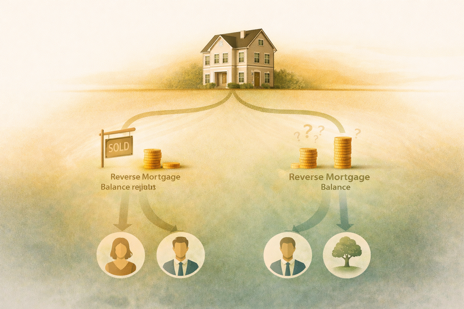 Illustration showing two estate outcomes for a home with a reverse mortgage — the planned outcome where the family is informed, and the unplanned outcome where they are surprised