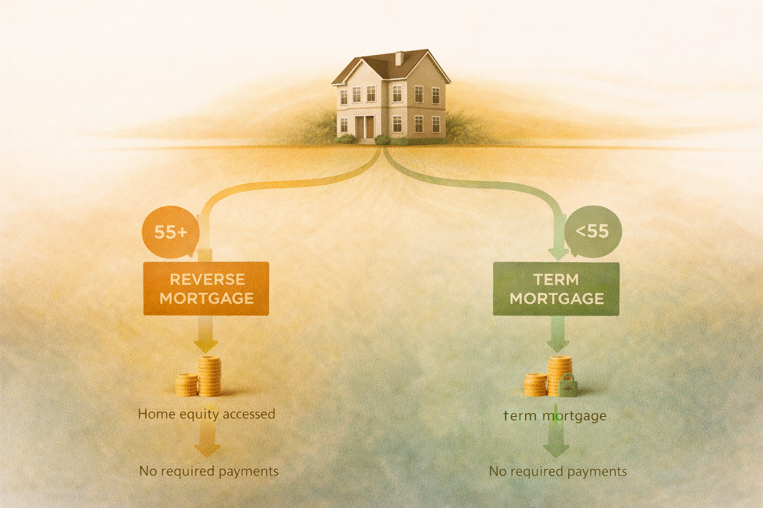 Illustration showing two home equity paths — reverse mortgage for borrowers 55+ and no-payment term mortgage for borrowers under 55 — with their respective structures and requirements
