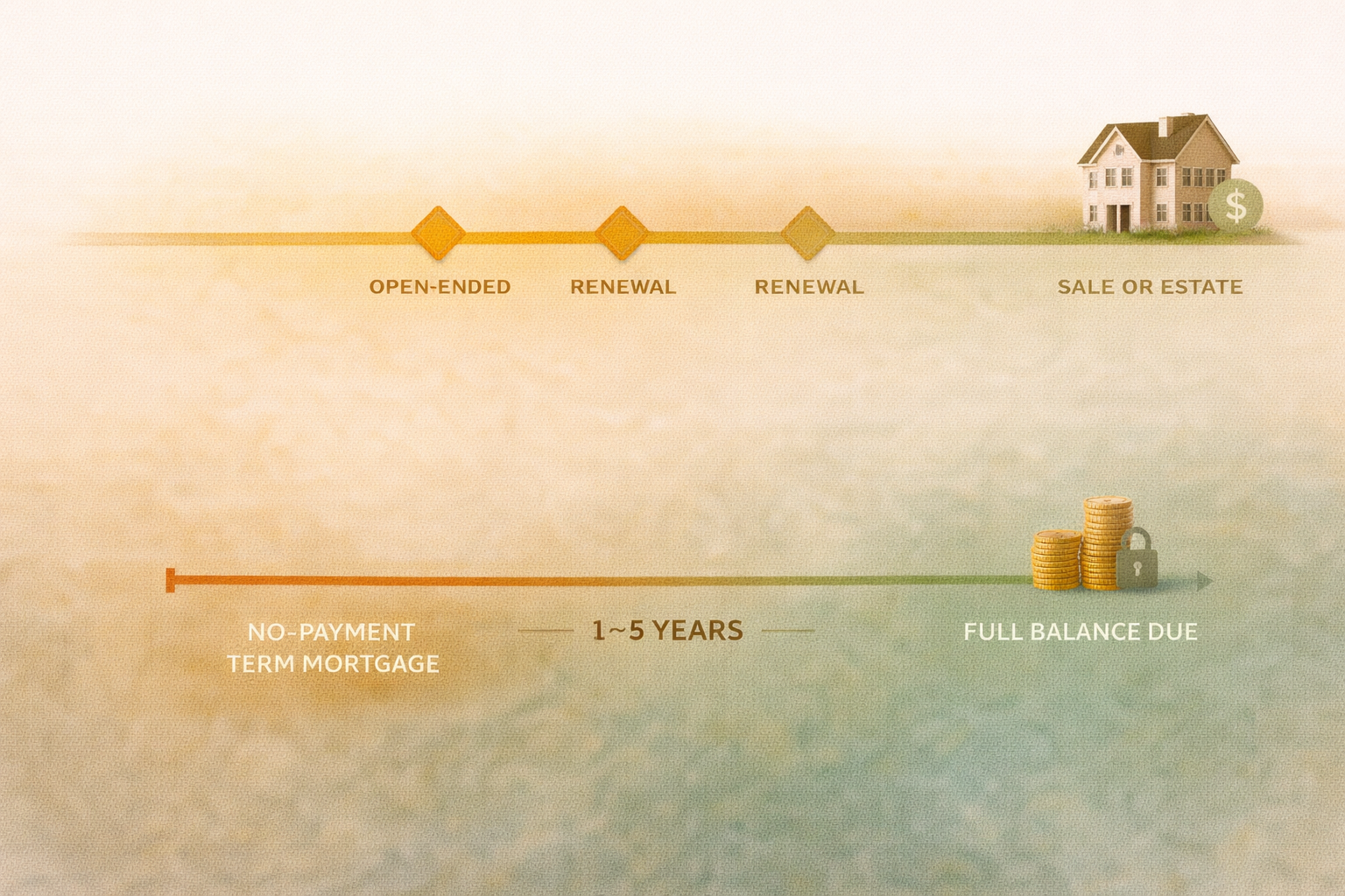 Illustration comparing reverse mortgage and no-payment term mortgage timelines — one open-ended with a flexible endpoint, one fixed-term with a hard repayment date
