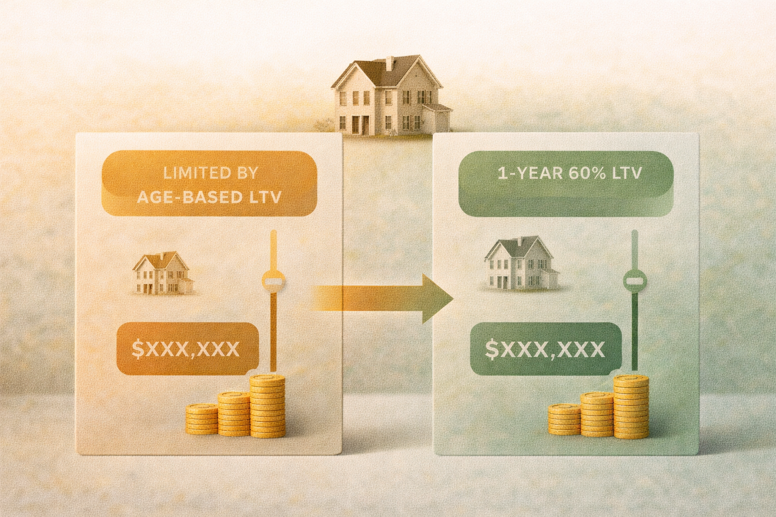 Illustration comparing reverse mortgage and term mortgage loan amounts on a high-value Canadian property — showing the term mortgage producing a larger available amount due to higher LTV