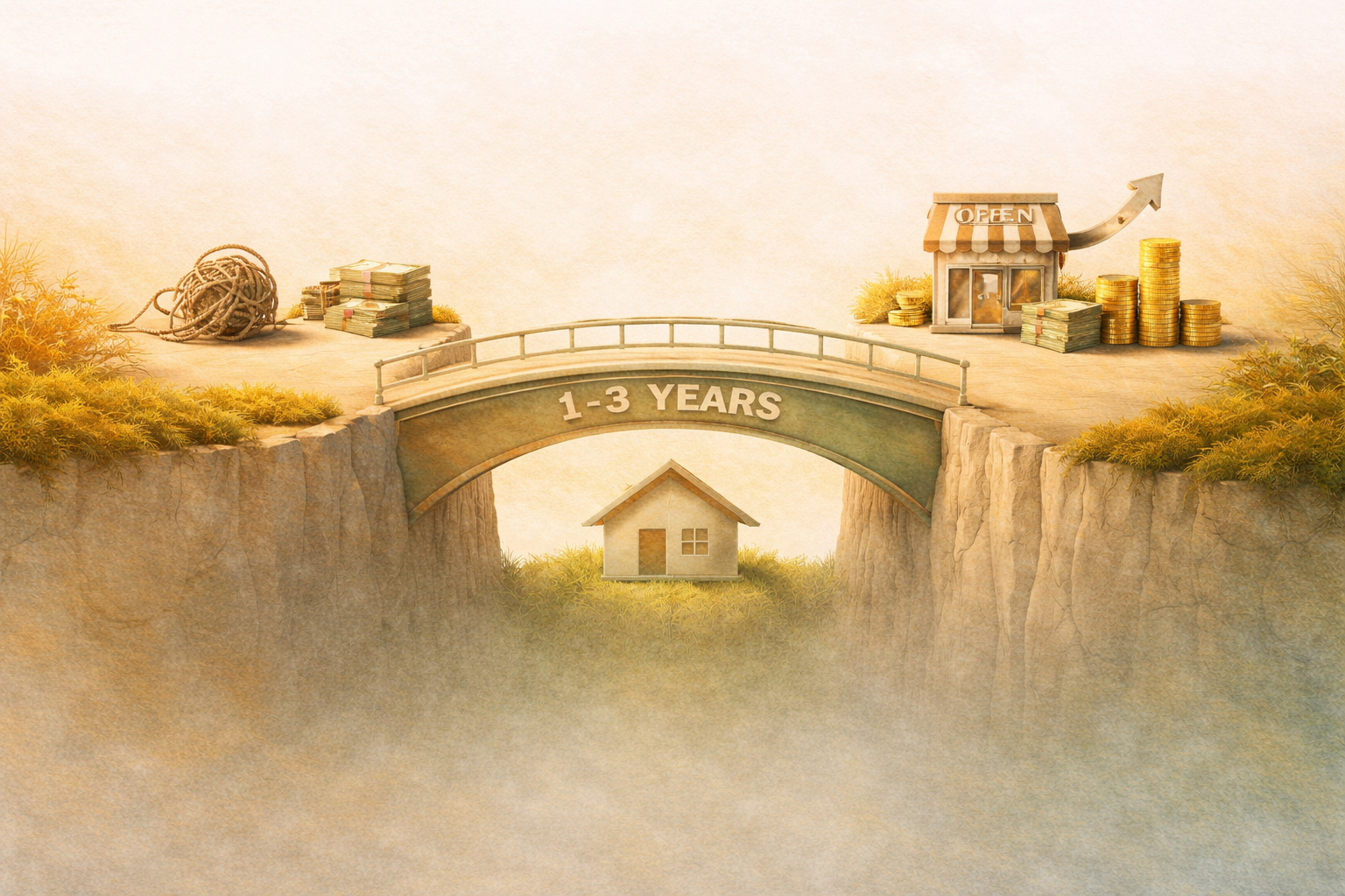 Illustration of a financial bridge crossing a gap between a constrained current situation and a resolved future situation — supported by home equity with a defined time span
