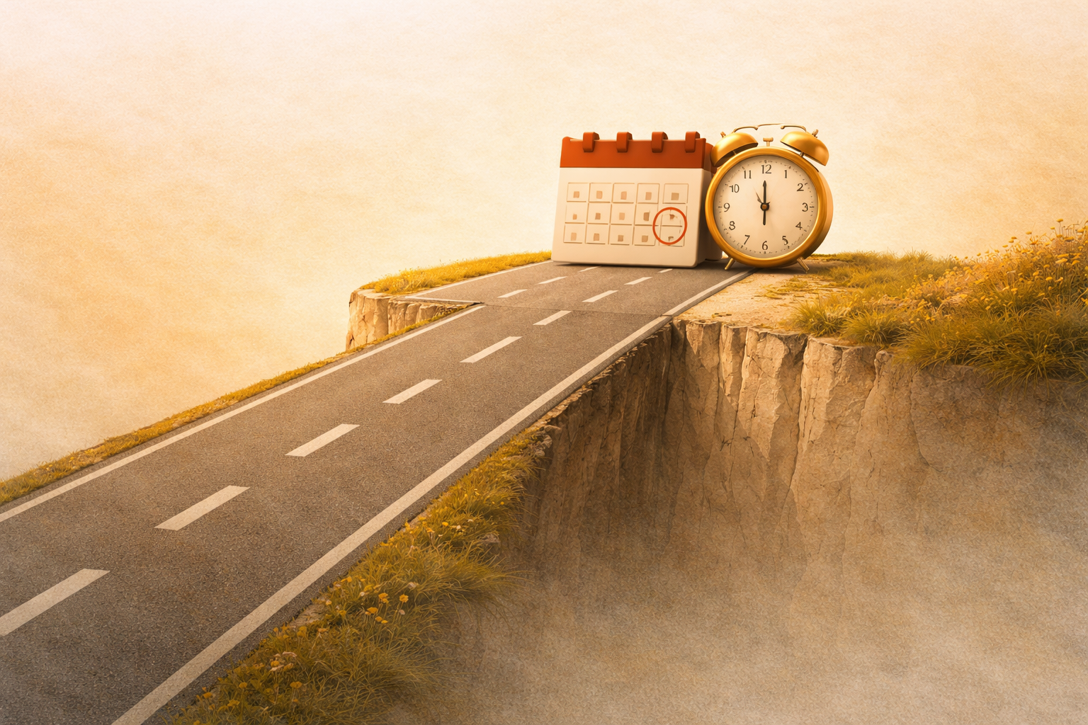 Conceptual illustration of a mortgage term path ending abruptly at a cliff edge — representing a no-payment term mortgage reaching its end date without an exit strategy in place