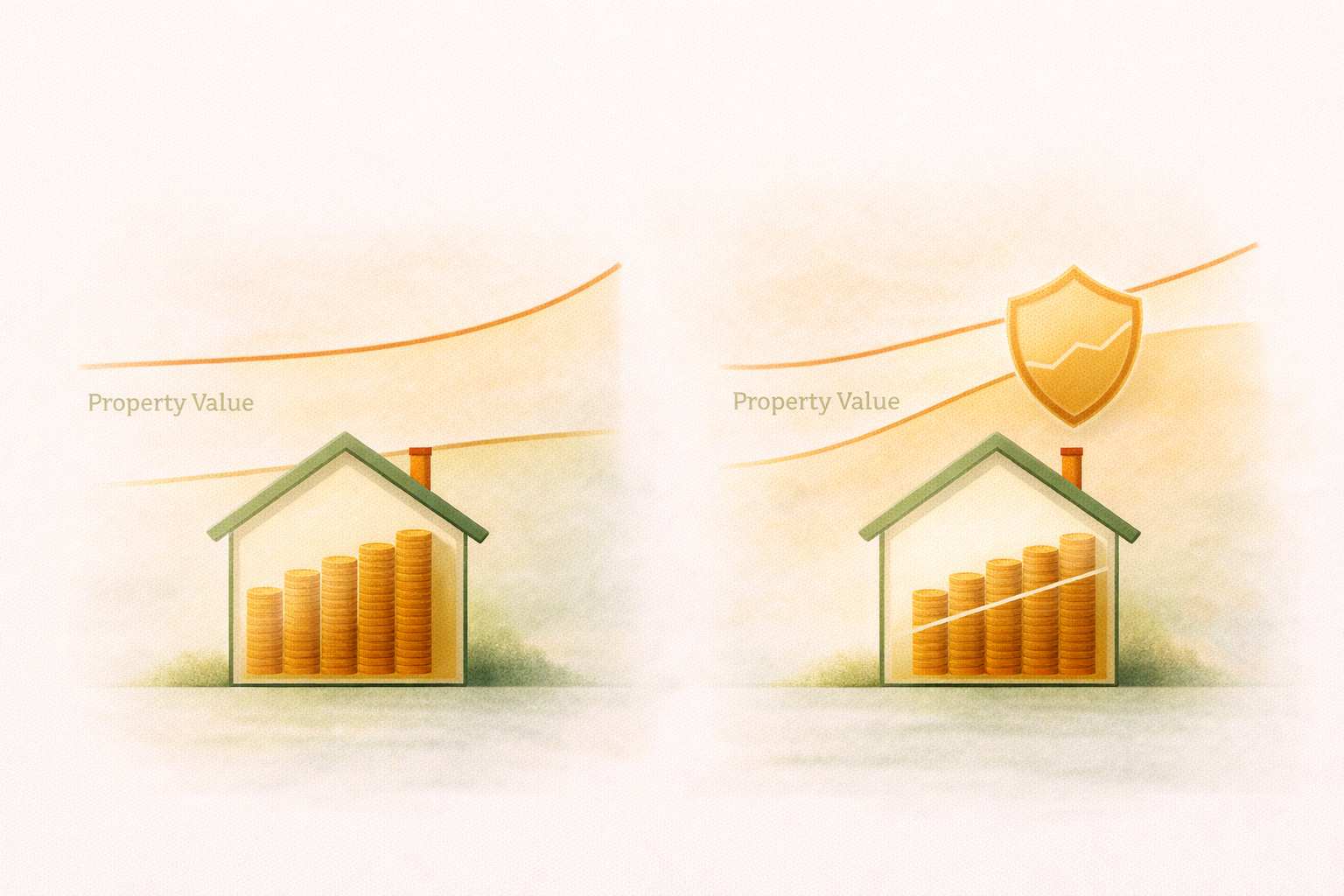 Illustration showing two reverse mortgage scenarios — one where home value stays above the balance, one where the balance exceeds the value and the no negative equity guarantee absorbs the difference