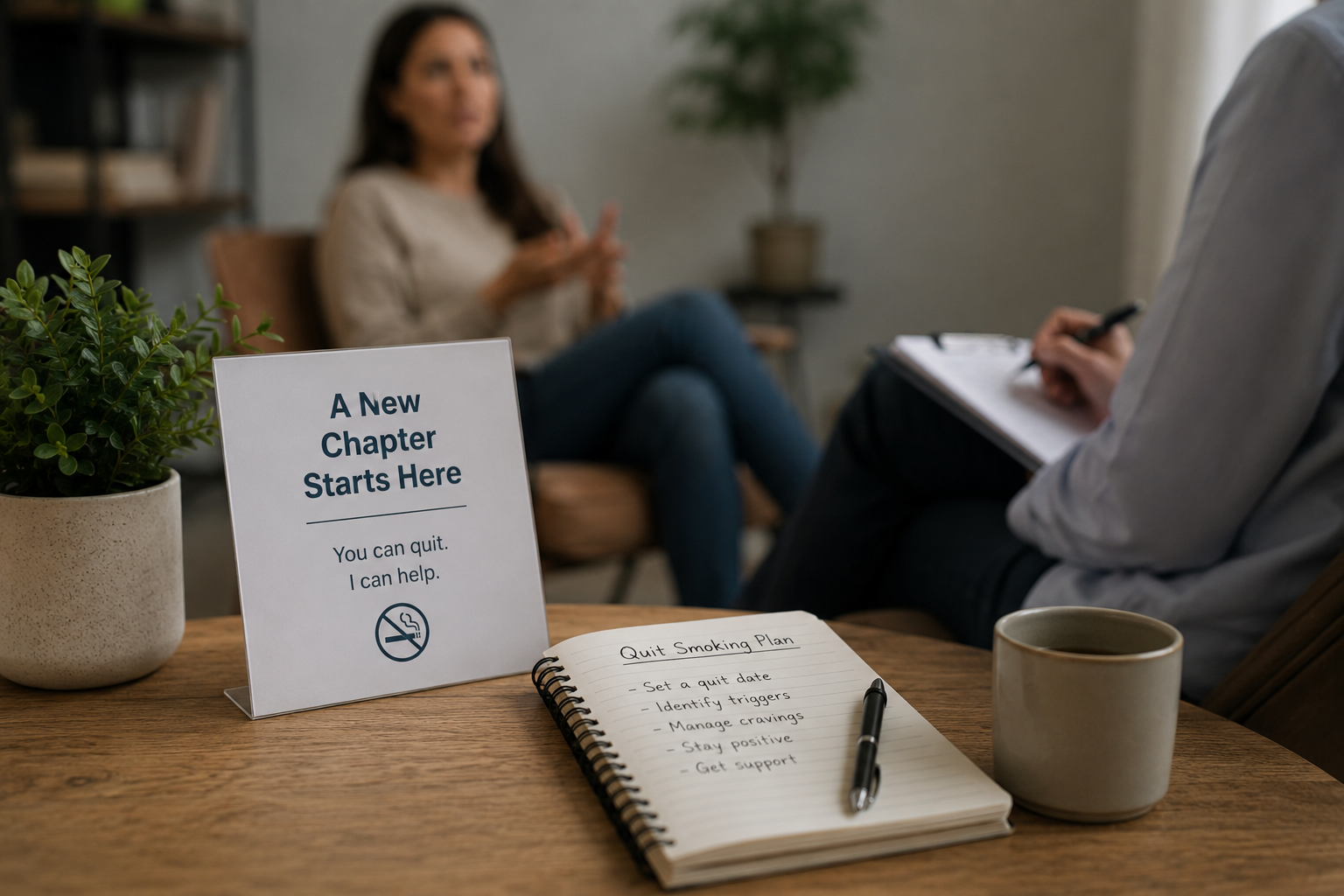 Hypnotherapist conducting a smoking cessation session in a therapy room