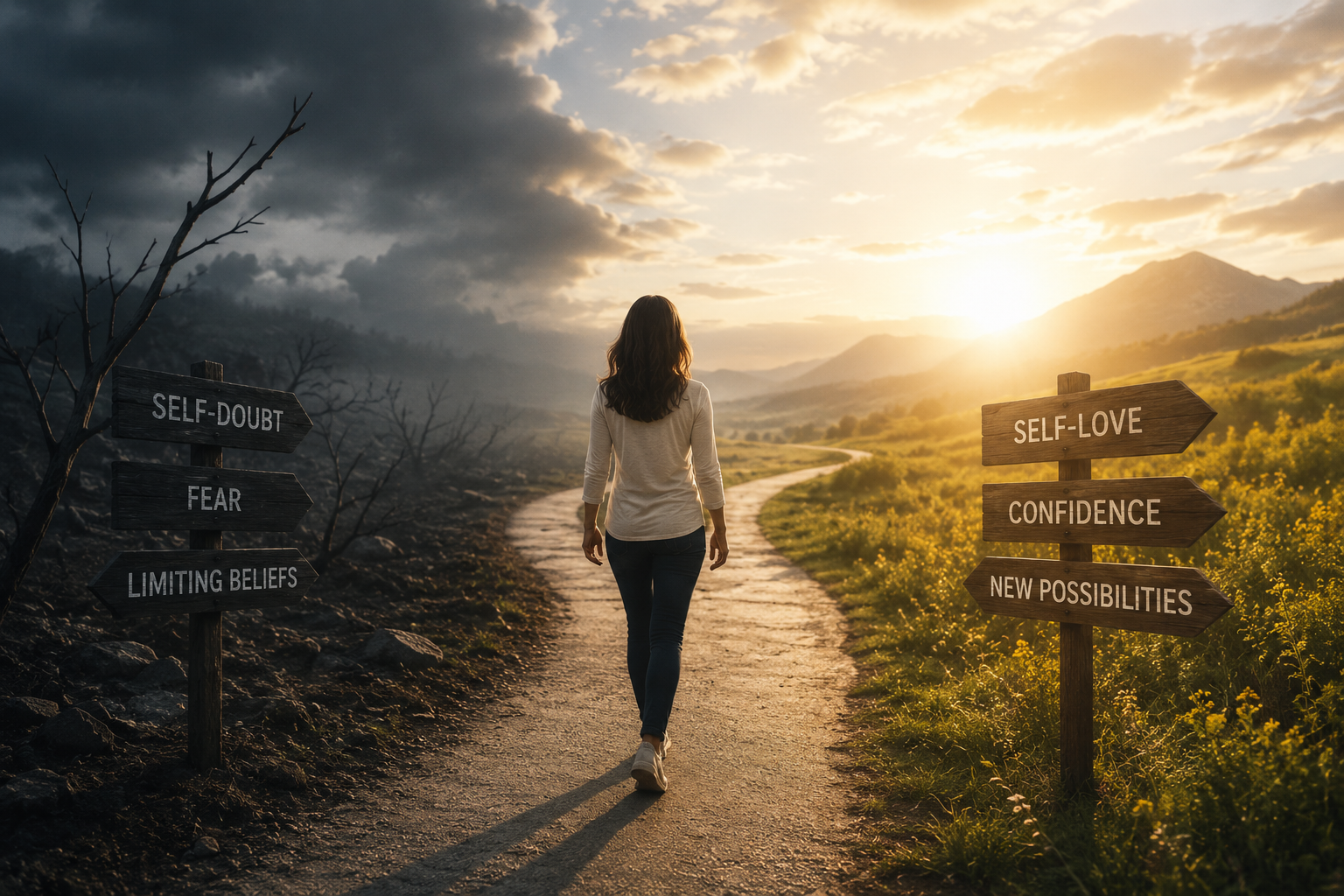Hypnotherapist showing the path from doubt state to self love Hypnotherapist showing the path from doubt state to self love