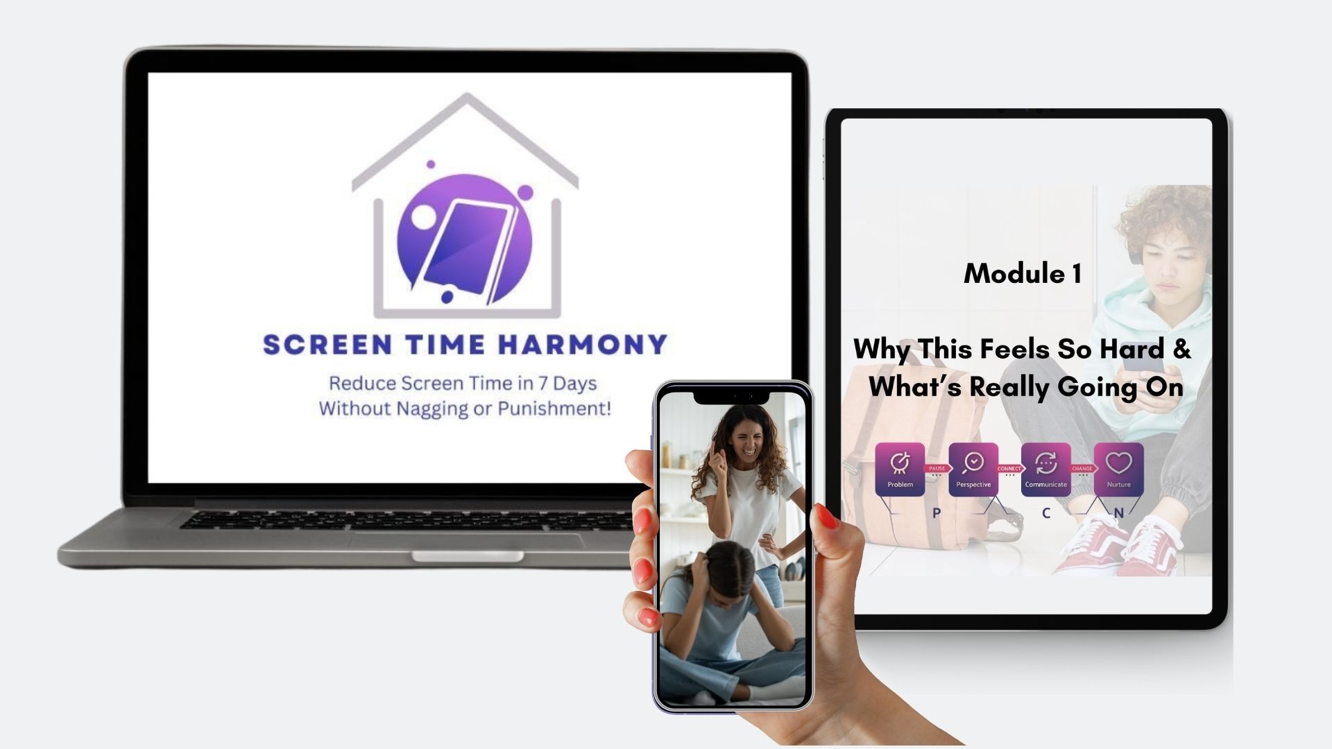 The Screen Time Harmony course shown on a laptop, tablet, and phone