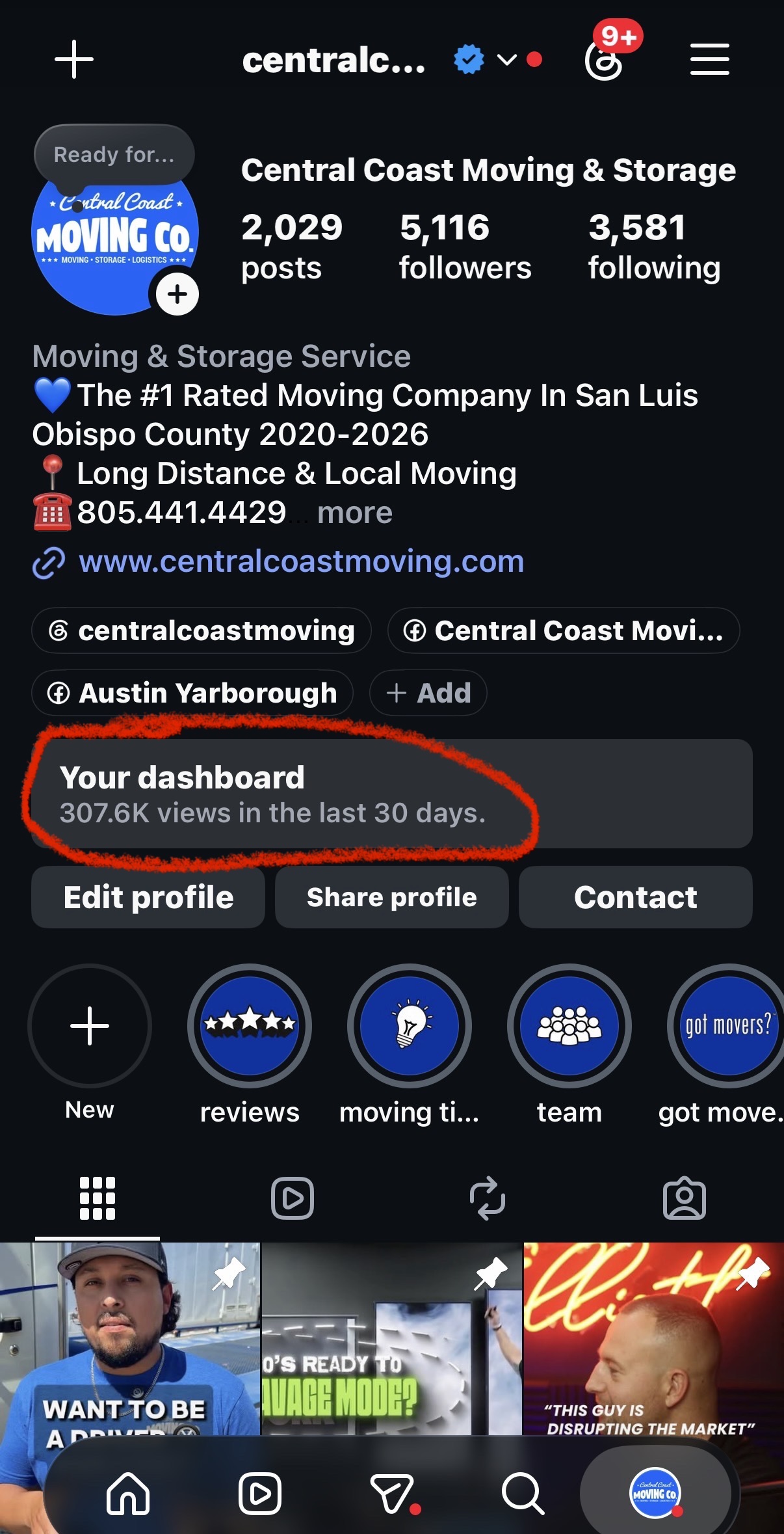 Central Coast Moving Company Instagram dashboard
