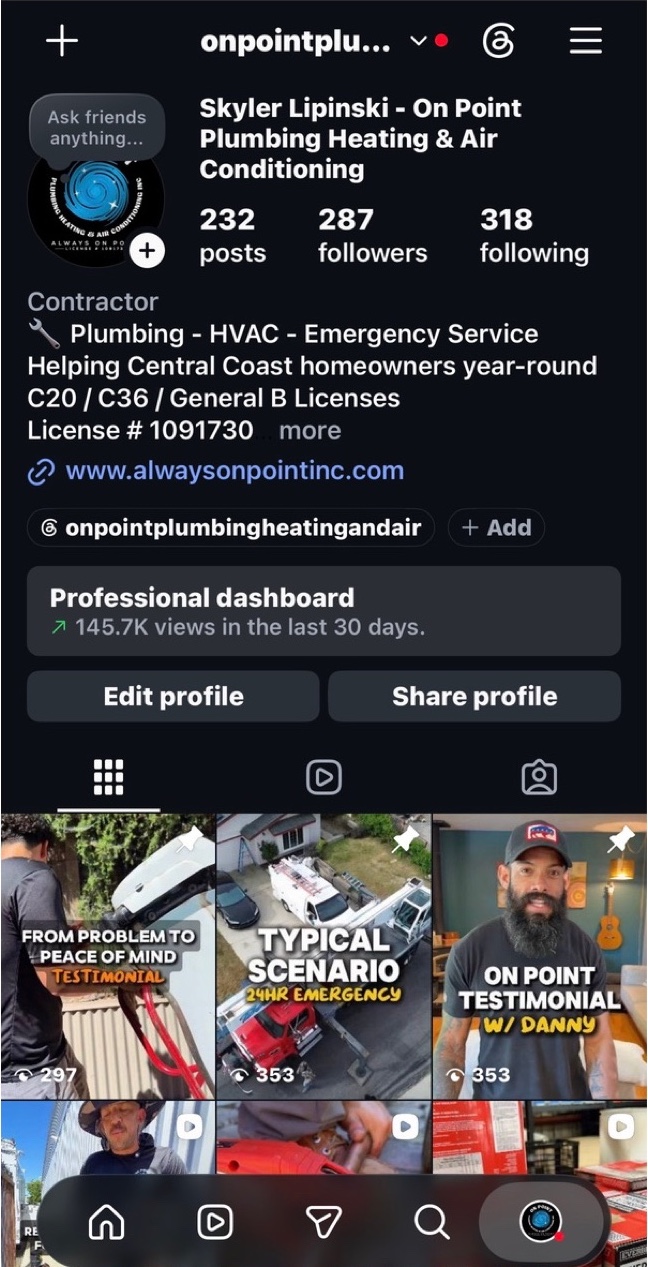 On Point Plumbing Instagram dashboard