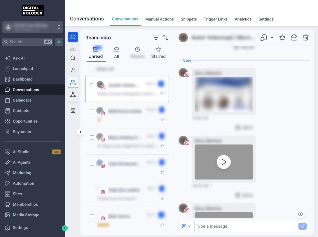 The Digital Rolodex inbox, with customer details hidden