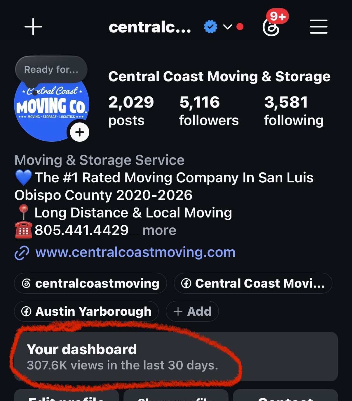 Central Coast Moving Company Instagram profile showing 307.6K views in the last 30 days