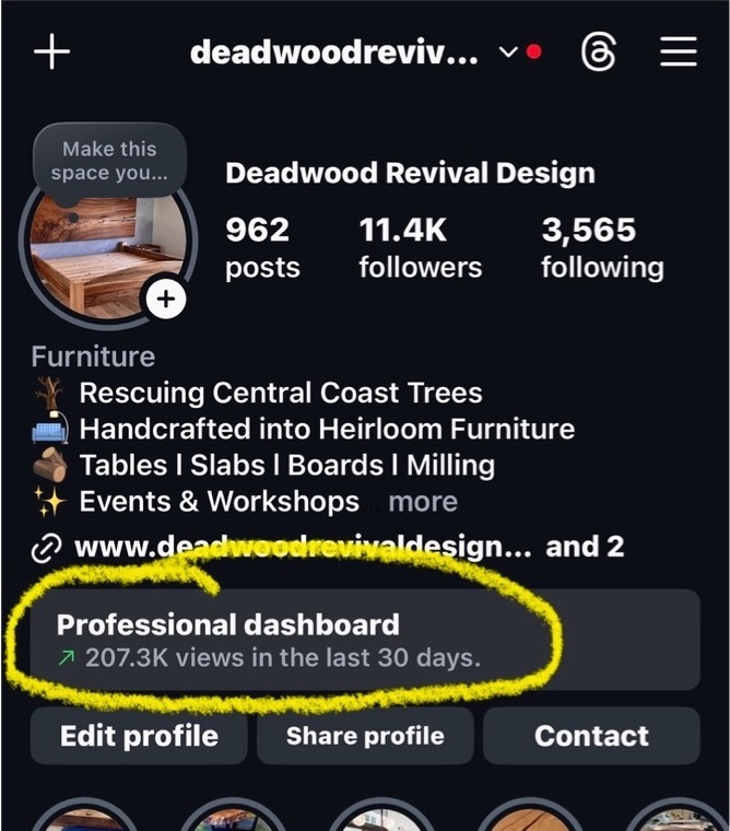 Deadwood Revival Design Instagram profile showing 207.3K views in the last 30 days