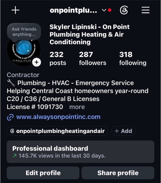 On Point Plumbing Instagram profile showing 145.7K views in the last 30 days