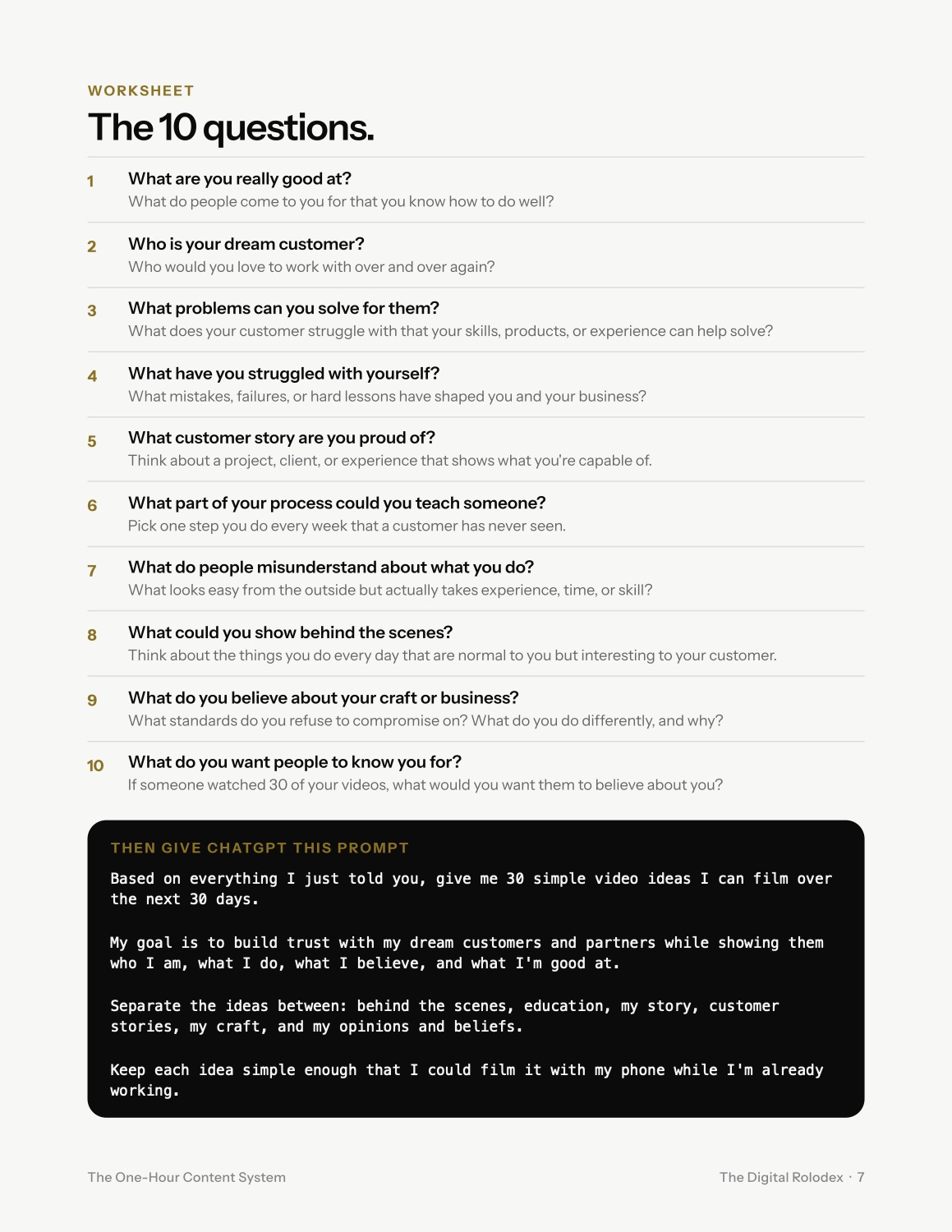 Guide page: the 10 questions worksheet