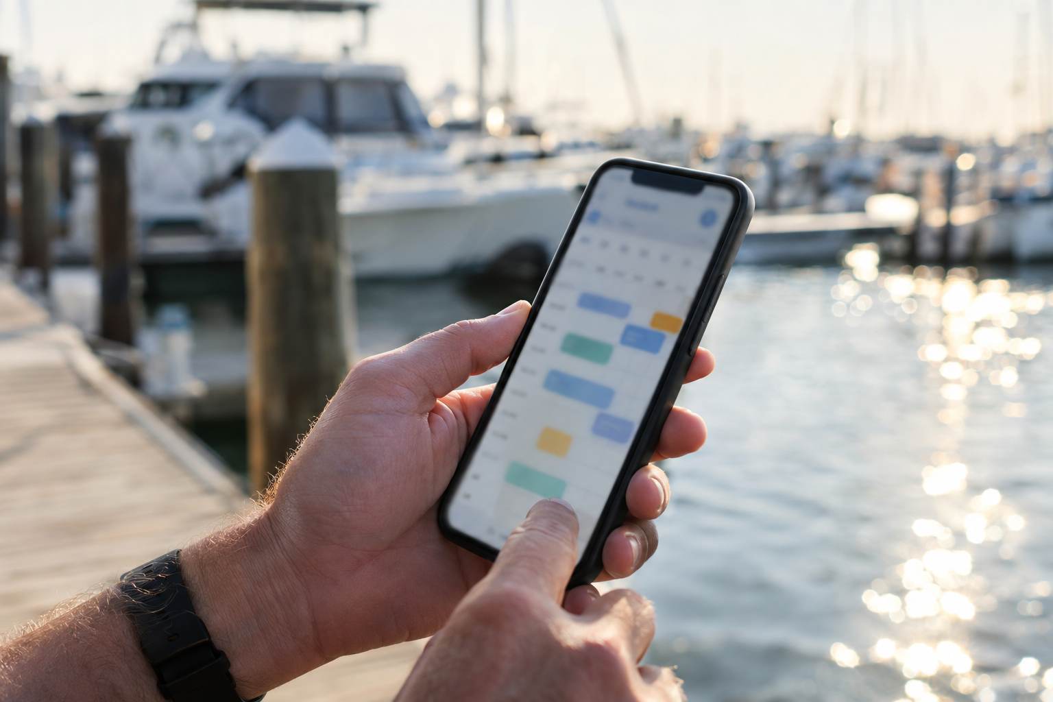 Marine operator reviewing the day's booking calendar on a smartphone at the dock