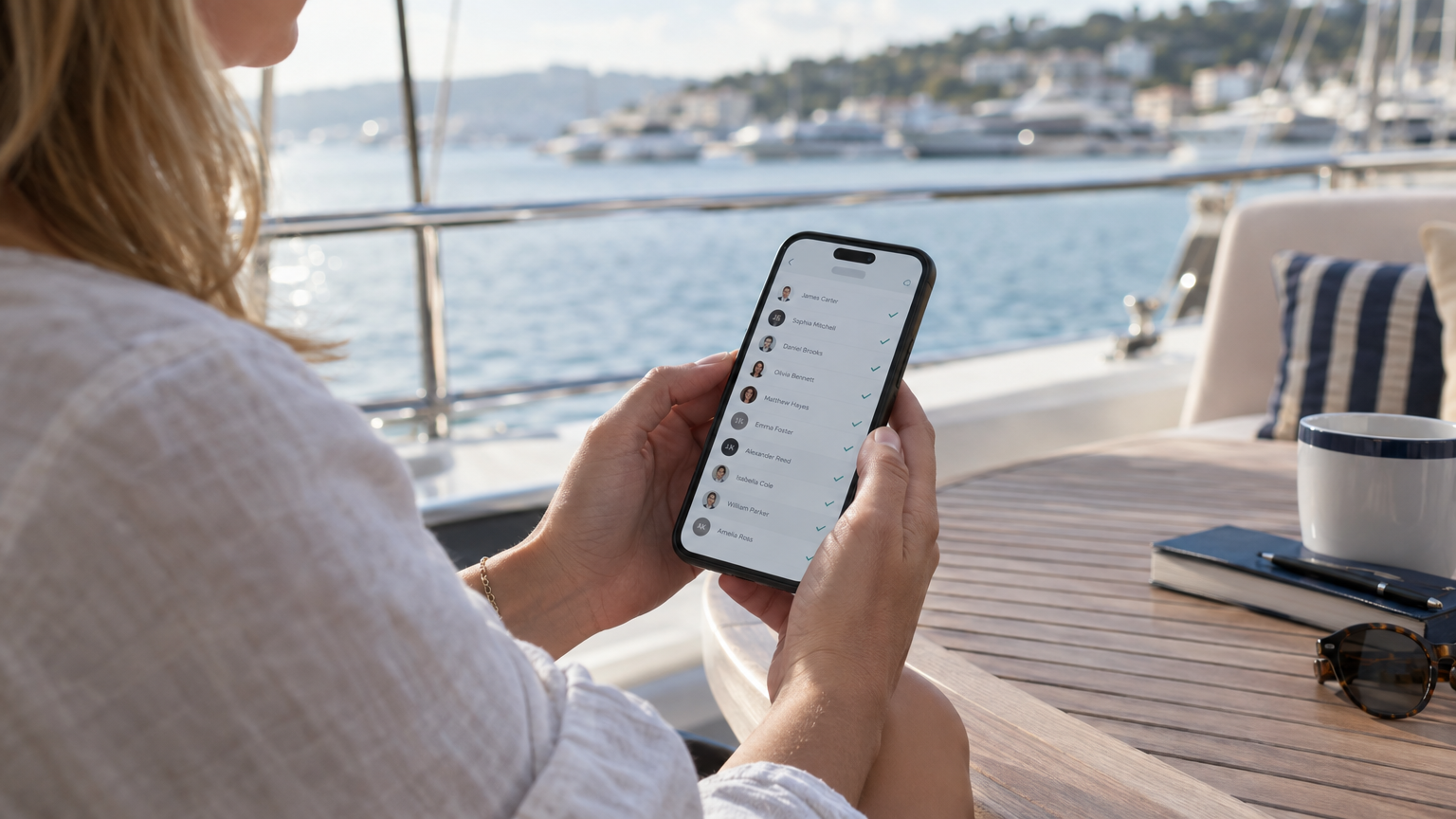 Charter crew member reviewing a digital guest manifest on a smartphone aboard a crewed yacht before departure