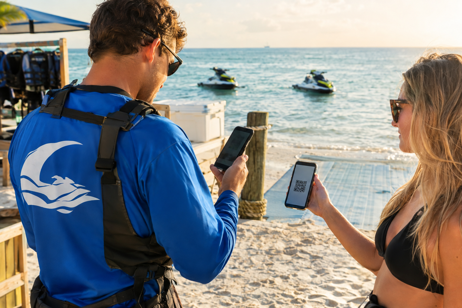 Watersports rental staff member scanning a guest QR code at a sunny Florida beach launch with jet skis in the water behind them