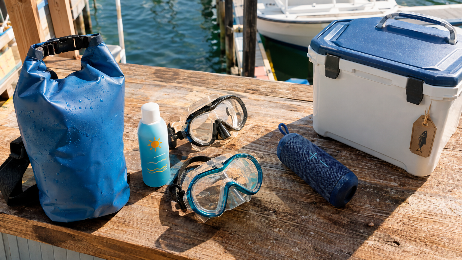 Rental add-on items including dry bag, snorkel masks, sunscreen, and a cooler arranged on a marina dock counter