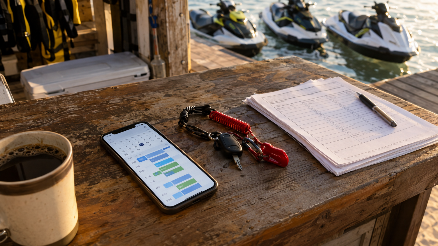 Rental counter with a live booking calendar on a phone next to jet ski keys on a sunny Gulf Coast morning