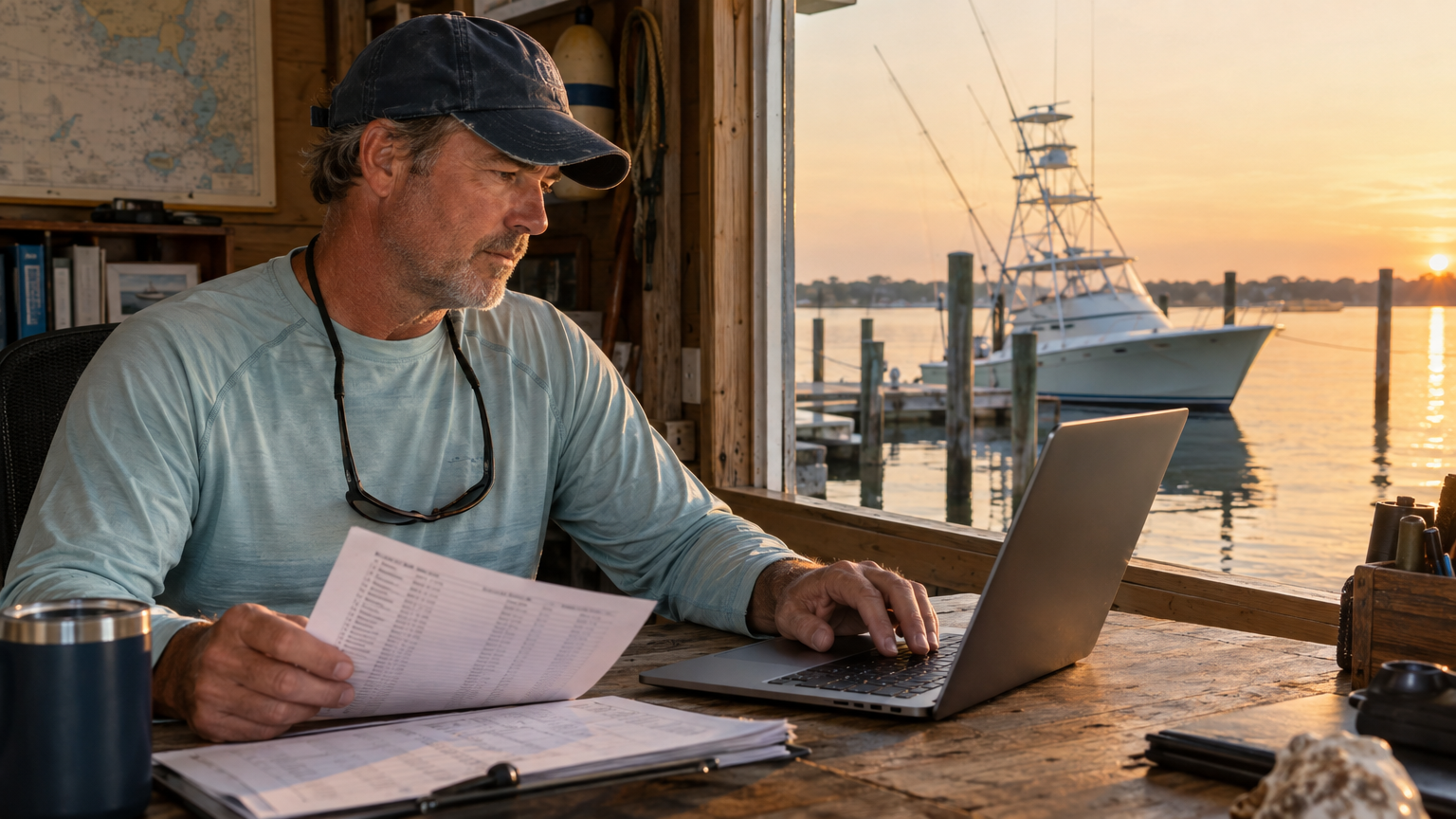 Fishing charter captain reviewing guest records at a marina dock office at the end of the season