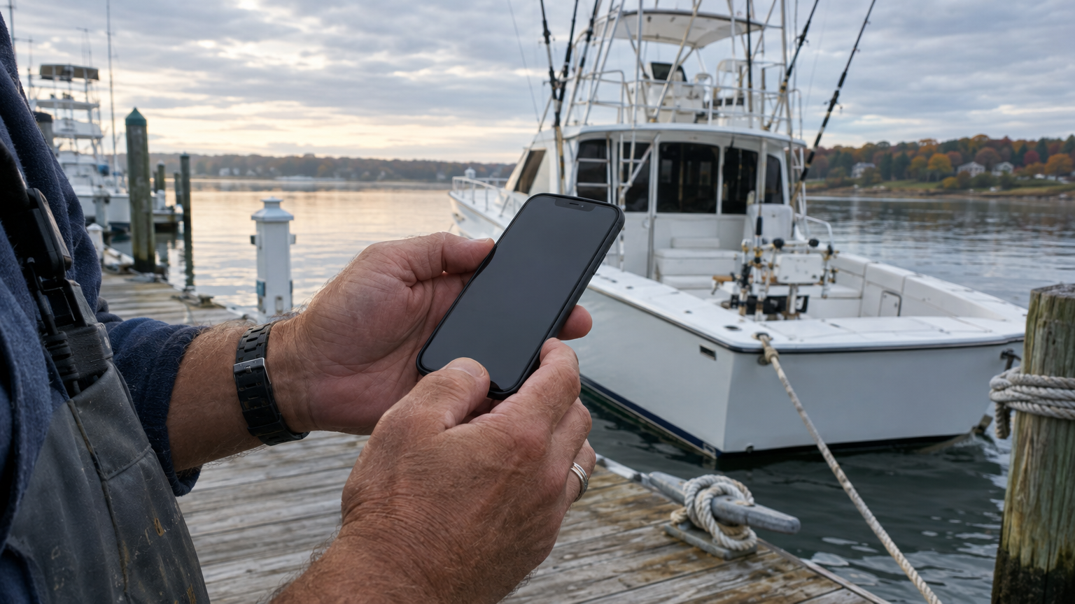 Charter captain at the dock reviewing bookings on a smartphone during the quiet off-season