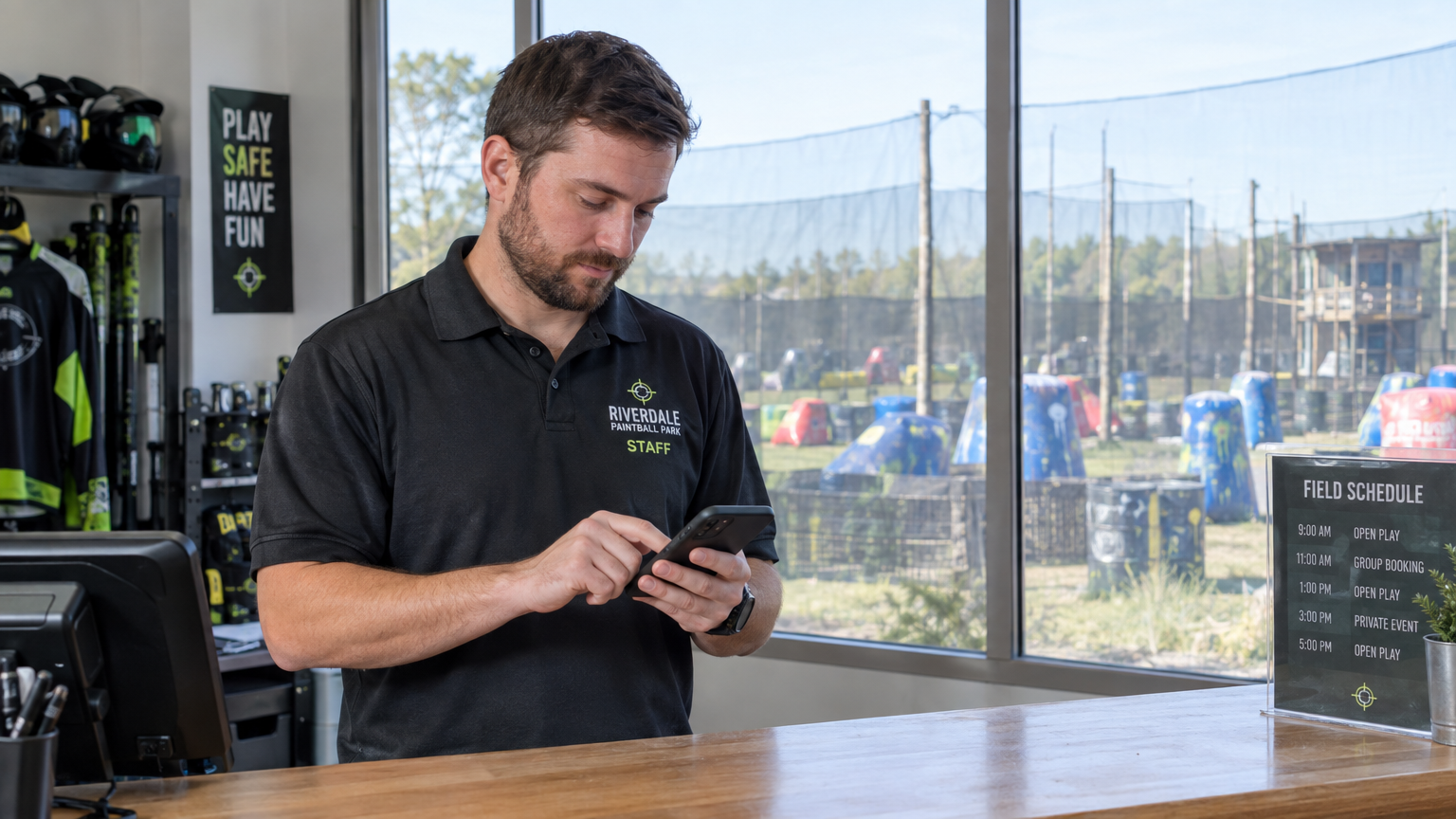 Paintball venue operator reviewing online bookings on a smartphone at the front check-in counter