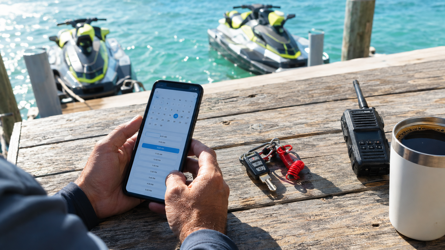 Watersports operator reviewing a mobile booking calendar with time slots and jet ski keys on a dock table at sunrise