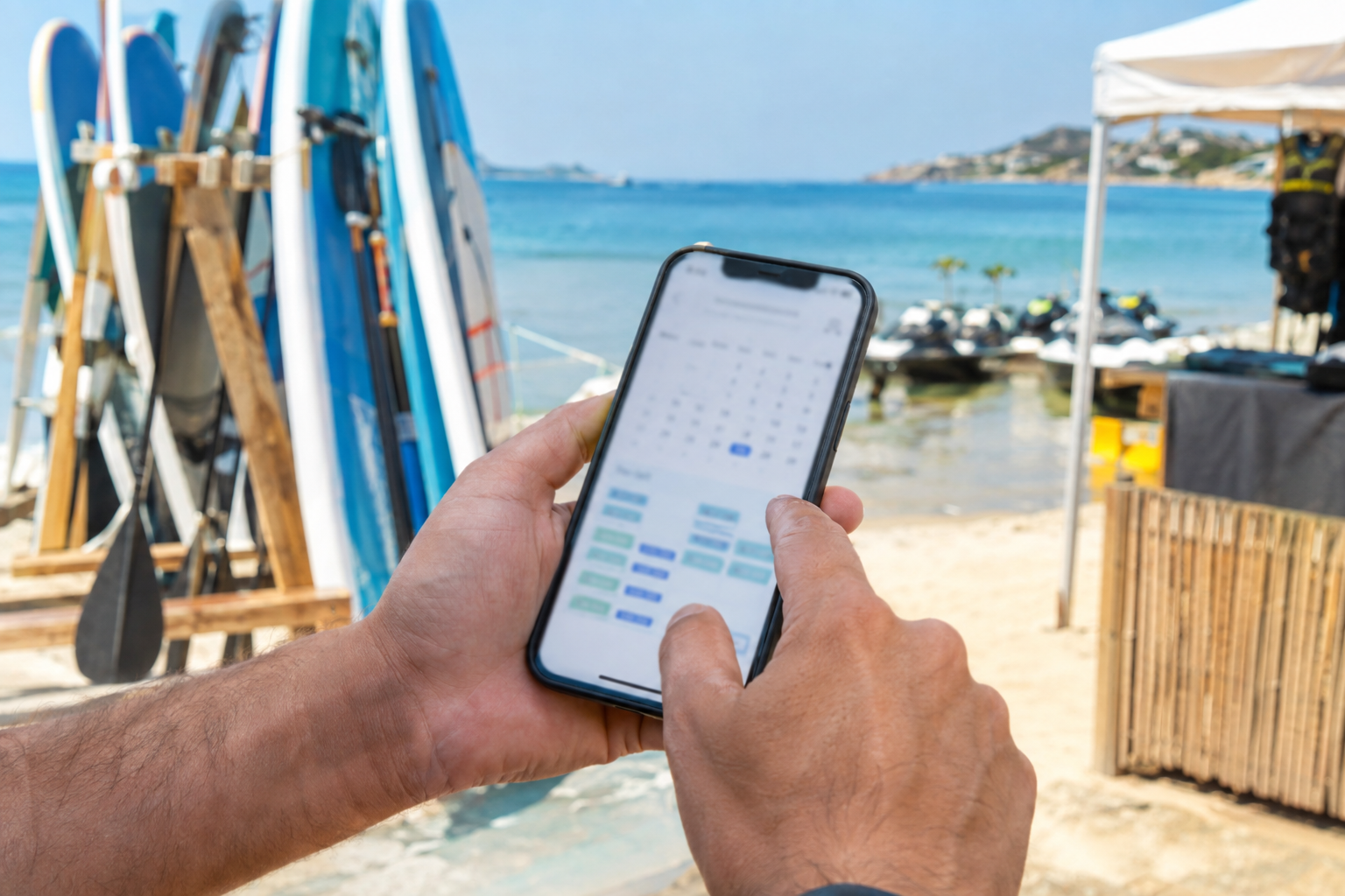 Watersports rental operator checking a time-slot booking calendar on a smartphone at the beach