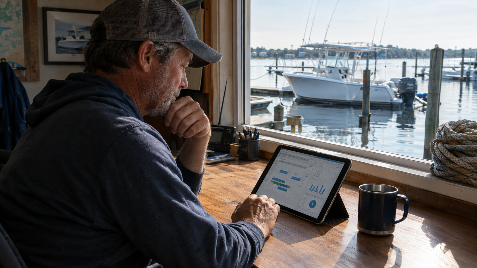 Charter captain reviewing booking calendar and reports on a tablet inside a quiet marina office at the end of the season