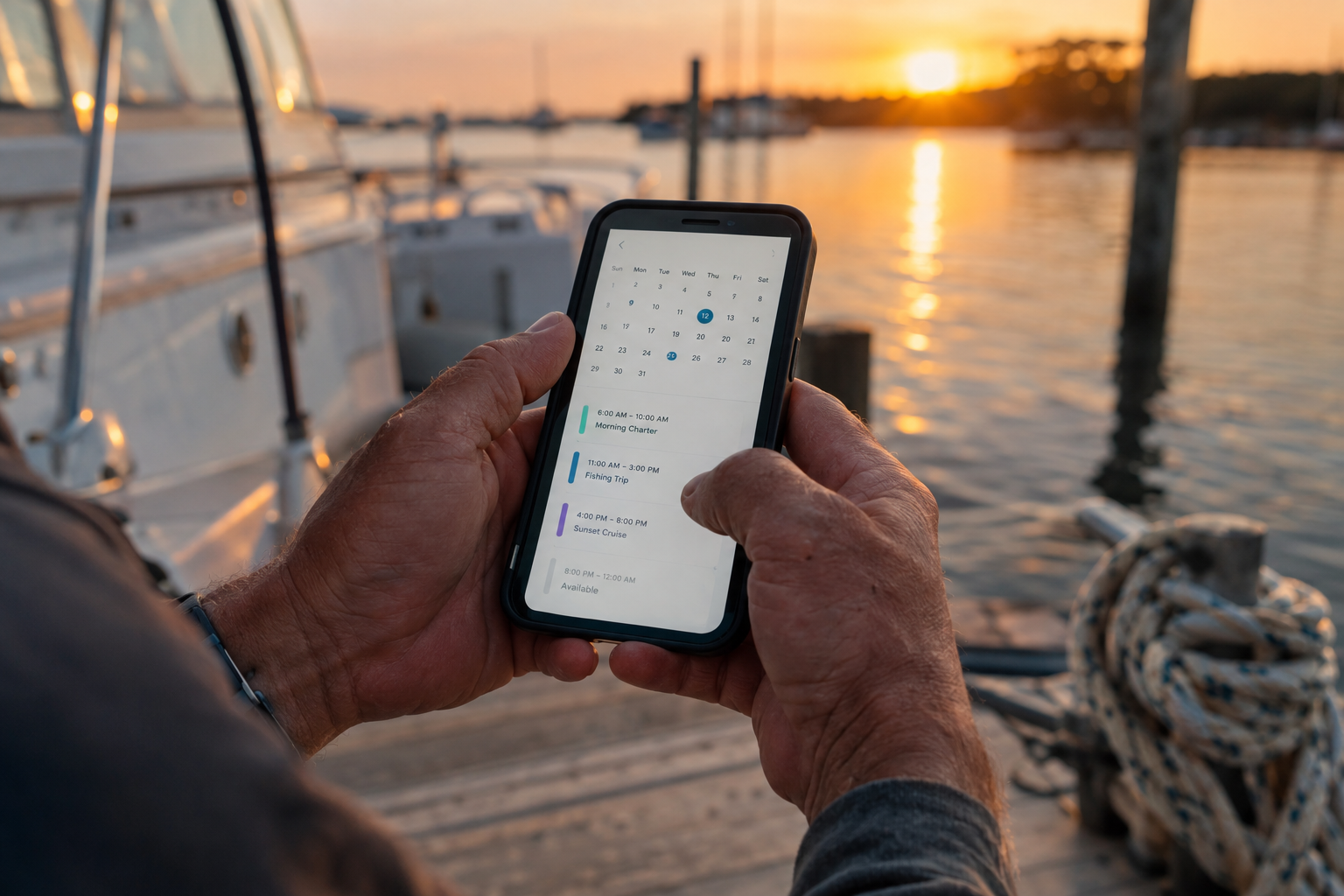 Charter captain reviewing next season booking calendar on a smartphone at a quiet dock at golden hour