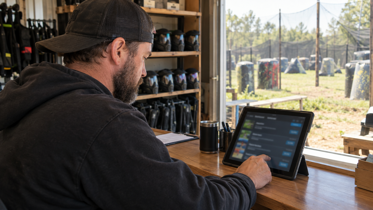 Paintball venue owner reviewing package pricing on a tablet at the front counter with gear and the field visible in the background
