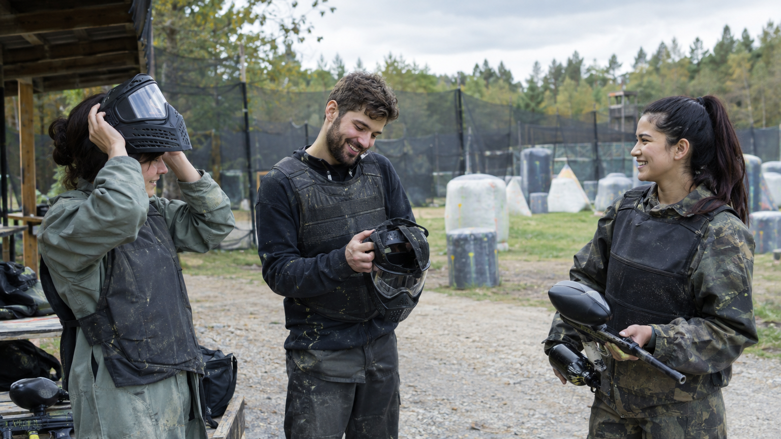 Group of paintball players gearing up before a session at an outdoor paintball field