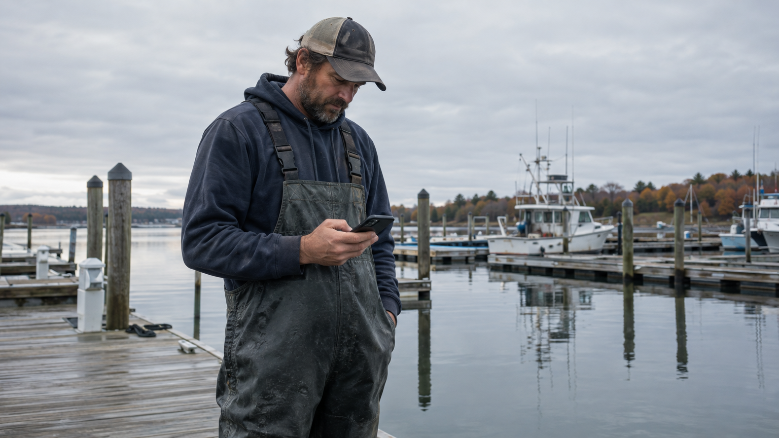 Charter captain reviewing his phone on a quiet off-season marina dock in autumn