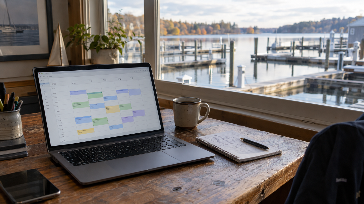 Charter operator reviewing and organizing their booking system setup on a laptop at a quiet marina desk
