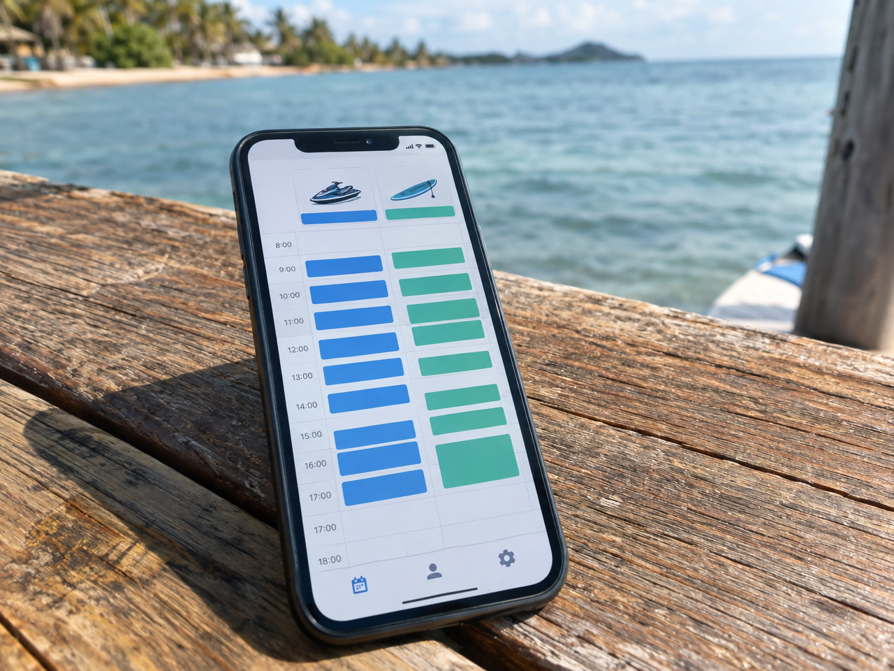 Smartphone showing a watersports rental booking calendar with colored time slots on a dock with ocean water in the background