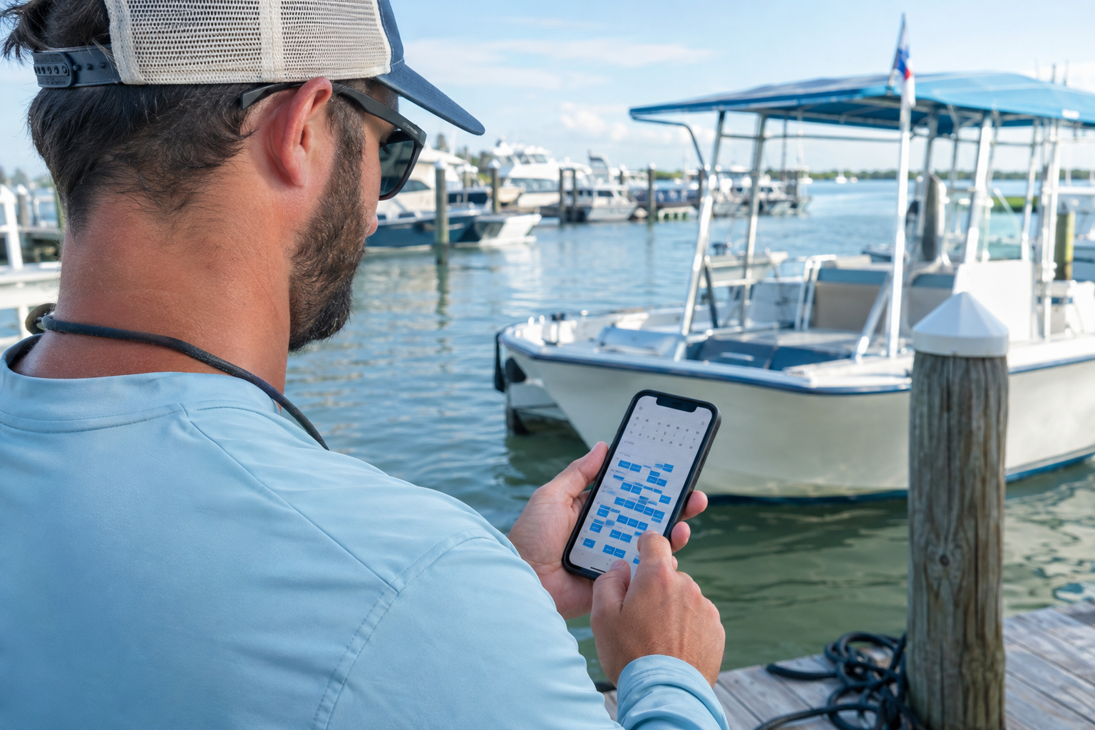 Tour boat operator checking departure schedule on a smartphone at the marina dock in morning light