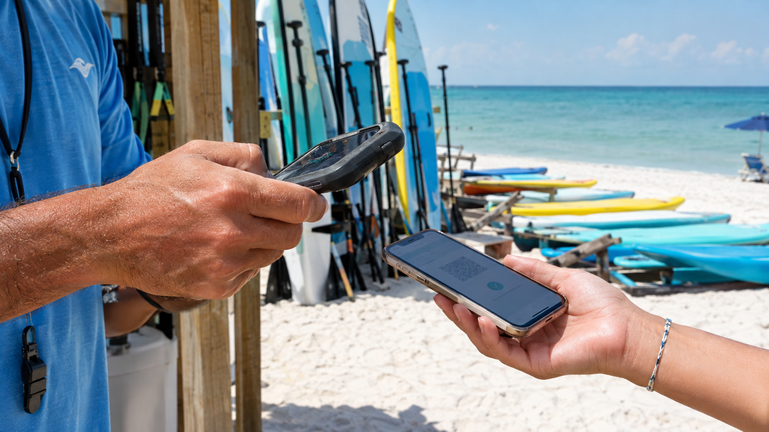 Watersports rental staff scanning a guest QR code at a sunny Gulf Coast beach stand with paddleboards on the sand