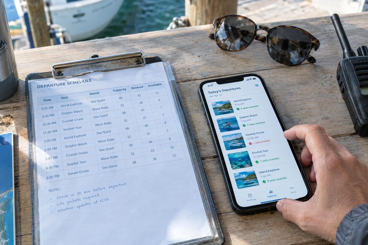 Tour operator comparing paper departure schedule with digital booking dashboard at a coastal ticket counter